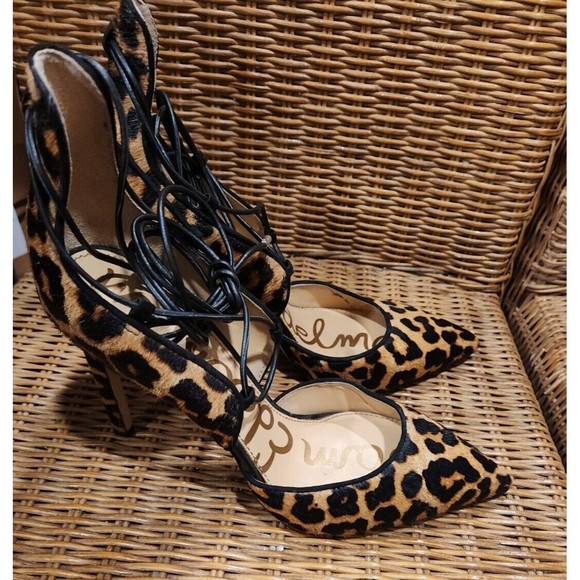 Sam Edelman Helaine Womens Suede Lace Up Pumps Heels Leopard‎ Strappy Size 8.5 M - Picture 4 of 7